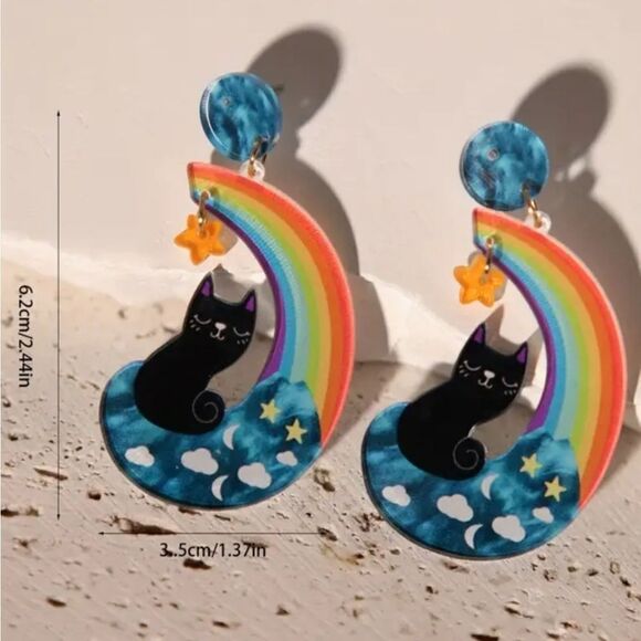 14k BLACK CAT RAINBOW MOON Cute fun whimsical kawaii novelty earrings - Picture 2 of 6